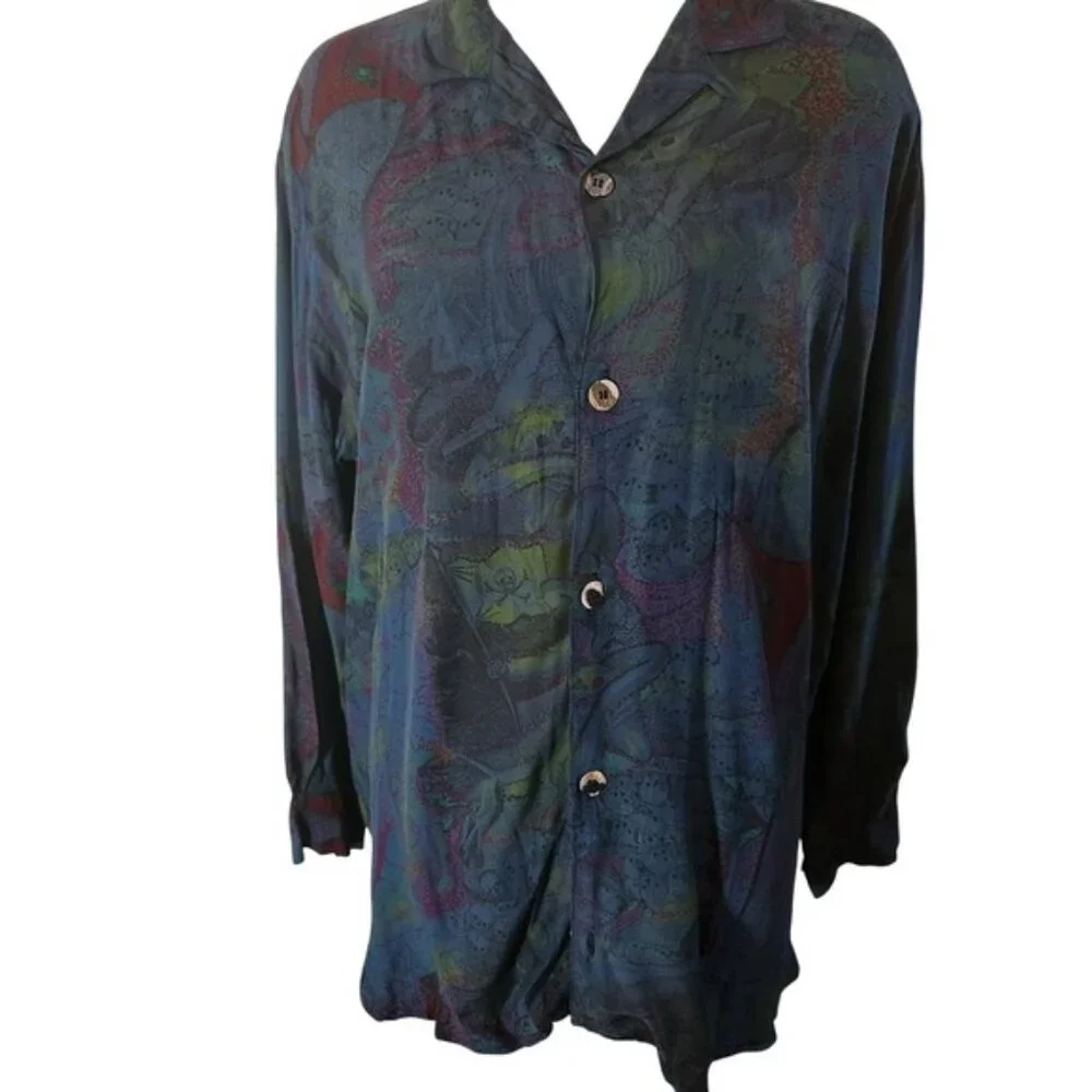 Waterland S Mens Unisex Skull Pirate‎ Print Vintage Shirt Long Sleeve Top Rayon